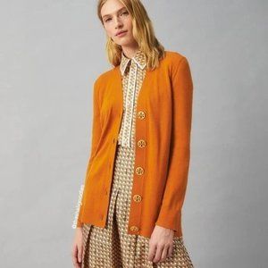 Tory Burch Boyfriend Simone Cardigan Orange 100% Wool XS Logo Buttons‎